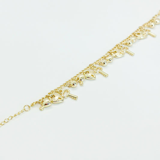 SICI - Pulsera de oro laminado 14k con corazones, llaves, bolas colgantes - OL-P29